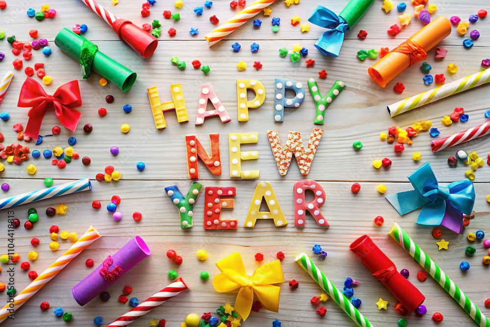 Colorful Happy New Year message with confetti and party supplies on wood.