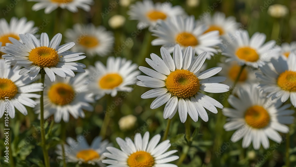 Close-up of a vibrant meadow with white daisies and yellow centers. Close-up of a vibrant meadow with white daisies and yellow centers.