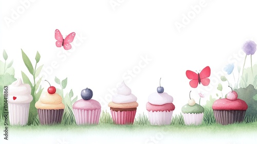 Whimsical cupcake illustration, colorful cupcakes with butterflies, green leaves, pastel background, sweet dessert concept, fantasy food art, playful watercolor illustration

