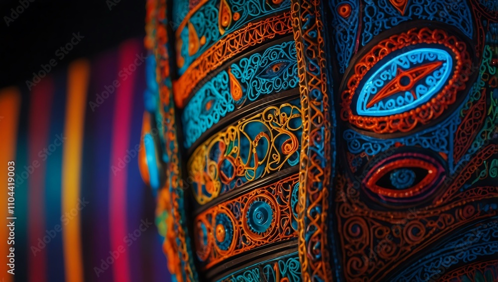 Close-up of a vibrant, neon mask with intricate patterns. Close-up of a vibrant, neon mask with intricate patterns.