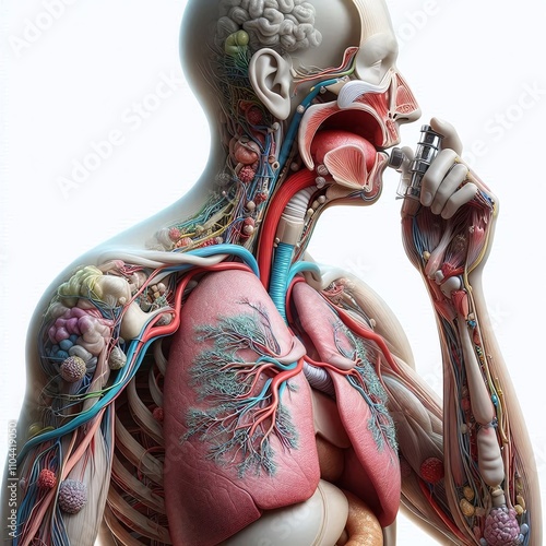 Illustration of a human anatomy diagram showing a person using an asthma inhaler, highlighting the respiratory system.