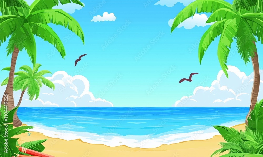 Tropical beach scene with palm trees, ocean, and clouds. Bright blue sky, gentle waves, and seagulls flying. Ideal for relaxation and vacation vibes. Tropical beach scene with palm trees, ocean, and clouds. Bright blue sky, gentle waves, and seagulls flying. Ideal for relaxation and vacation vibes.