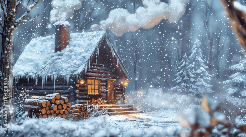Cozy rustic cabin in the snowy woods with smoke rising from the chimney during winter season Cozy rustic cabin in the snowy woods with smoke rising from the chimney during winter season