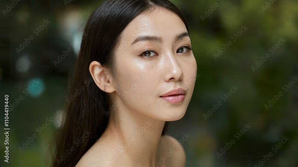 A clean Asian woman´s face with fresh skin. The woman has long black hair and is wearing minimal makeup A clean Asian woman´s face with fresh skin. The woman has long black hair and is wearing minimal makeup