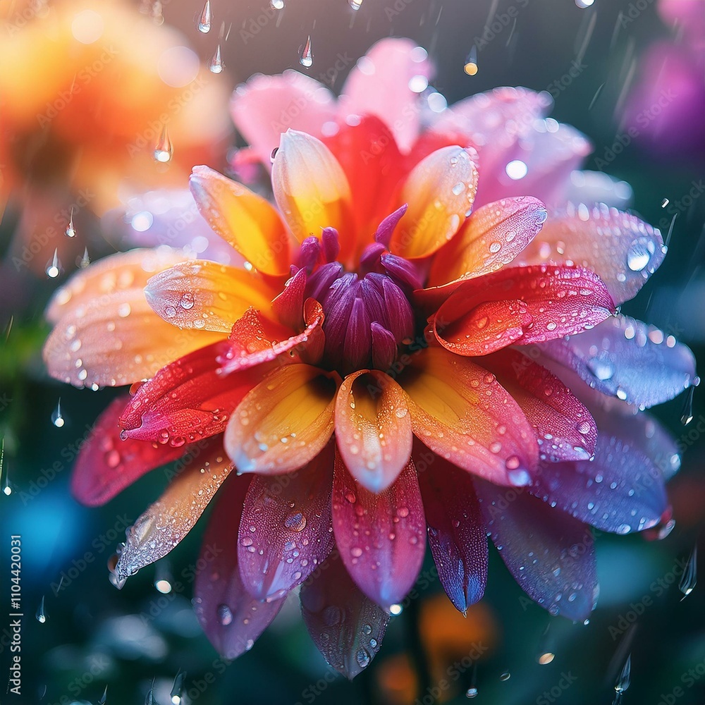Fototapeta premium concept of a beautiful colorful flowers with petals and rain drops
