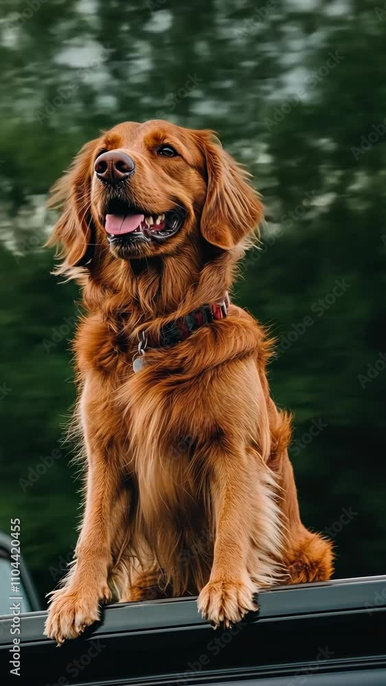 Golden retriever joyfully sitting on the edge of a pickup truck in a lush green area during a sunny day Golden retriever joyfully sitting on the edge of a pickup truck in a lush green area during a sunny day
