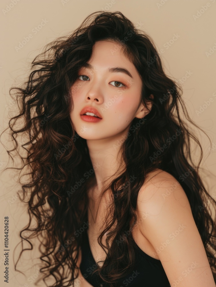 Naklejka premium Fashion portrait of a young woman with voluminous wavy hair wearing makeup, dressed in black top, showcasing beauty and style.