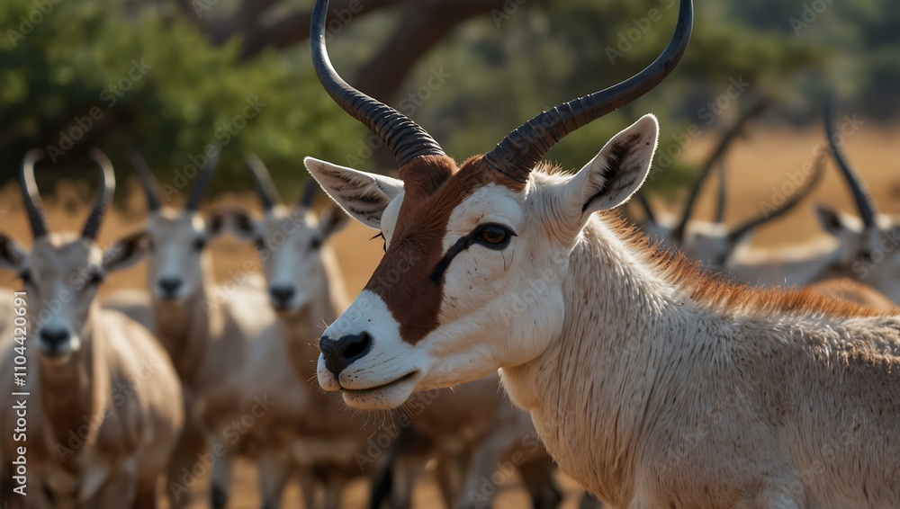 Close-up of an East African oryx with high alert in a herd. Close-up of an East African oryx with high alert in a herd.