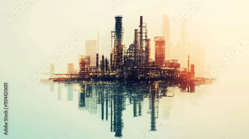 Future factory plant and energy industry concept in creative graphic design. Oil, gas and petrochemical refinery factory with double exposure arts showing next generation of power and energy business