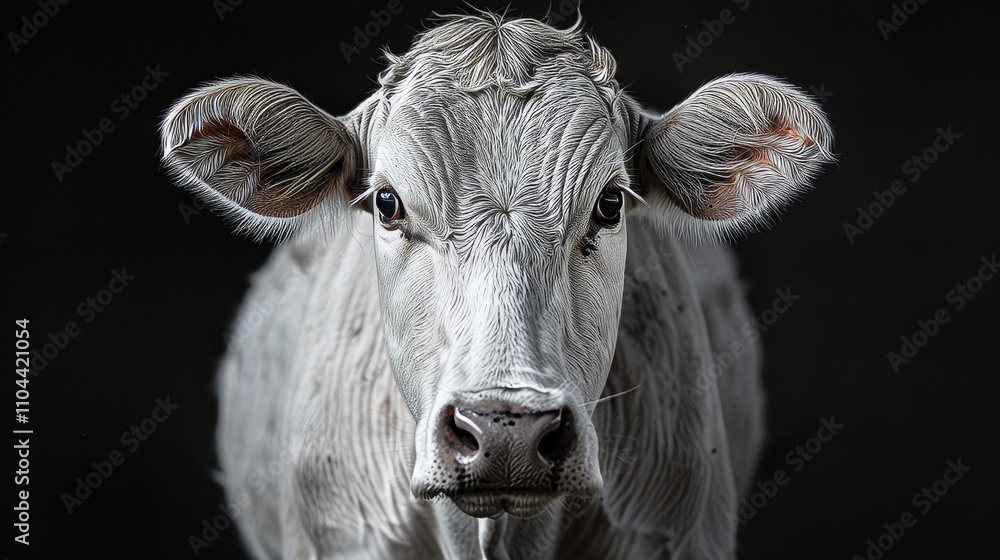 Close-Up of a Young White Cow Against a Dark Background Close-Up of a Young White Cow Against a Dark Background