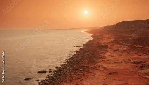 Sunset Over the Martian Coastline with a Sandy Shore photo