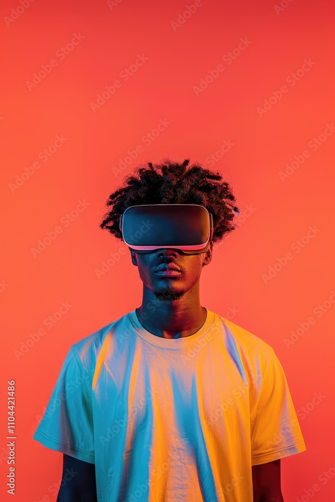 A young man in a casual t-shirt wearing a virtual reality headset, standing against a red background that suggests innovation and modernity. A young man in a casual t-shirt wearing a virtual reality headset, standing against a red background that suggests innovation and modernity.