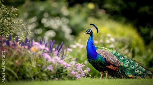 Wallpaper Mural   Peacock atop verdant field, surrounded by blooms in shades of purple, white Torontodigital.ca