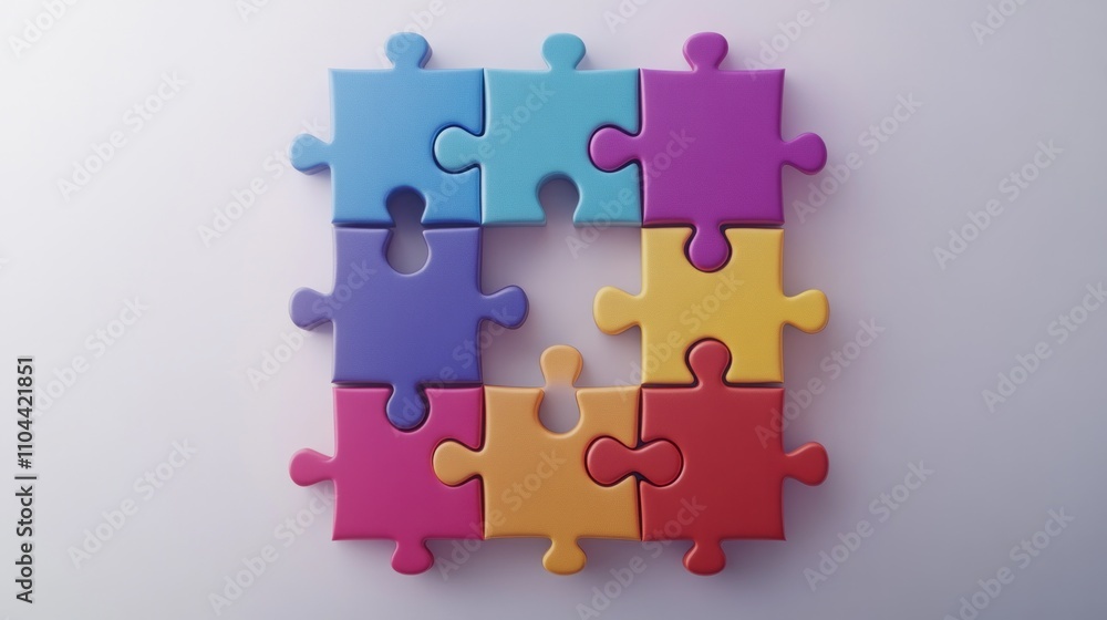 A set of nine colorful jigsaw puzzle pieces arranged on a white background.
A set of nine colorful jigsaw puzzle pieces arranged on a white background.
