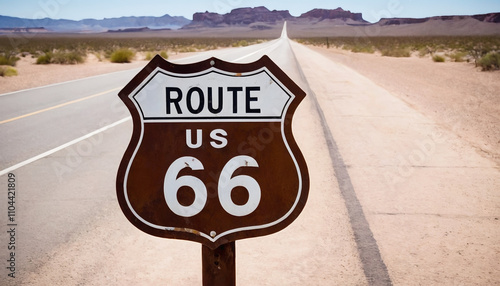 Iconic Route 66 Sign with Endless Desert Road Stretching into the Horizon