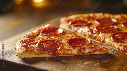 Close-up of a pepperoni pizza slice with melted cheese topping.