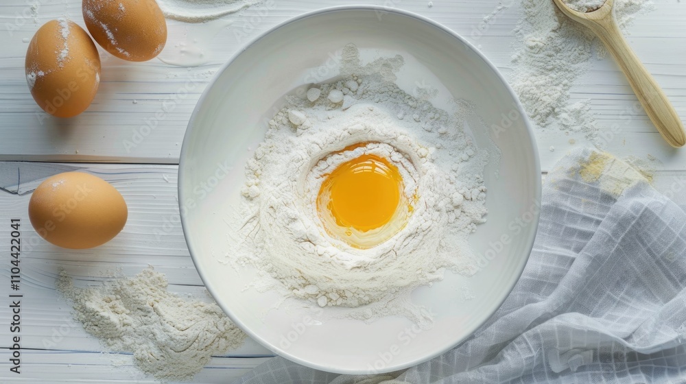 Flour and eggs in a bowl for baking, with baking tools on a table. Flour and eggs in a bowl for baking, with baking tools on a table.