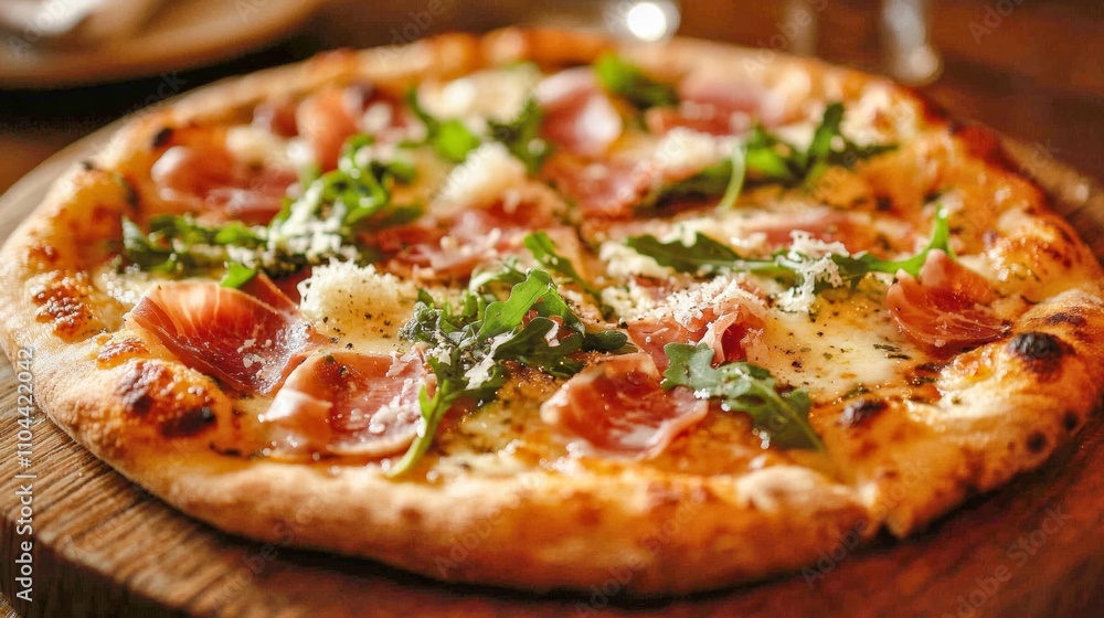 A freshly baked pizza topped with arugula and prosciutto slices. A freshly baked pizza topped with arugula and prosciutto slices.