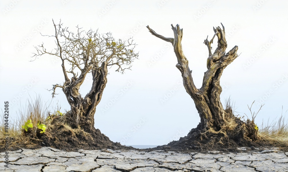 Dried trees on cracked earth, showcasing drought effects, barren landscape, desolation, and environmental impact Dried trees on cracked earth, showcasing drought effects, barren landscape, desolation, and environmental impact