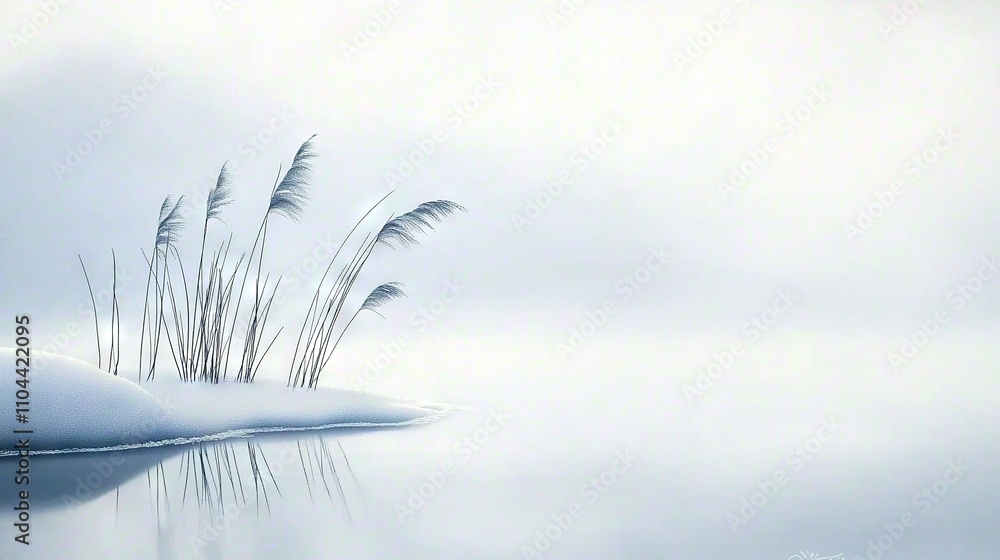 Fototapeta premium A snow-covered lake with reeds in the foreground and a foggy sky in the background