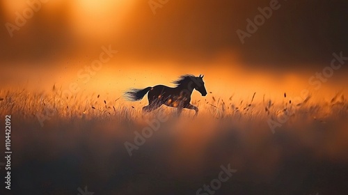   A horse galloping through a sea of tall grass under a radiant orange sky with the sun behind it