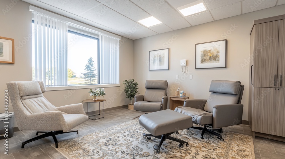 Modern, bright therapy room with comfortable chairs, rug, and large window. Modern, bright therapy room with comfortable chairs, rug, and large window.