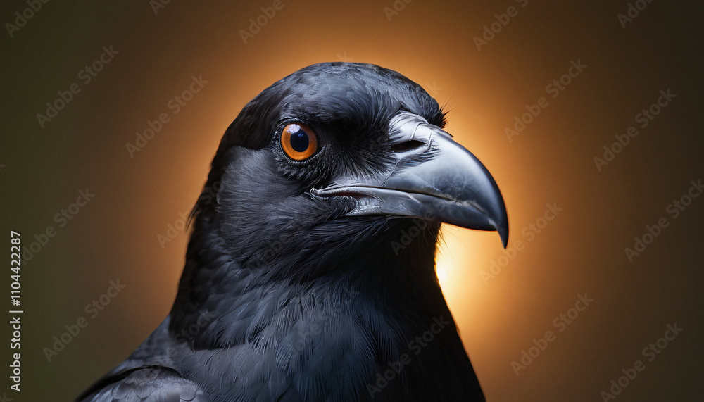 close up of a raven with striking orange eyes illuminated against a warm background close up of a raven with striking orange eyes illuminated against a warm background
