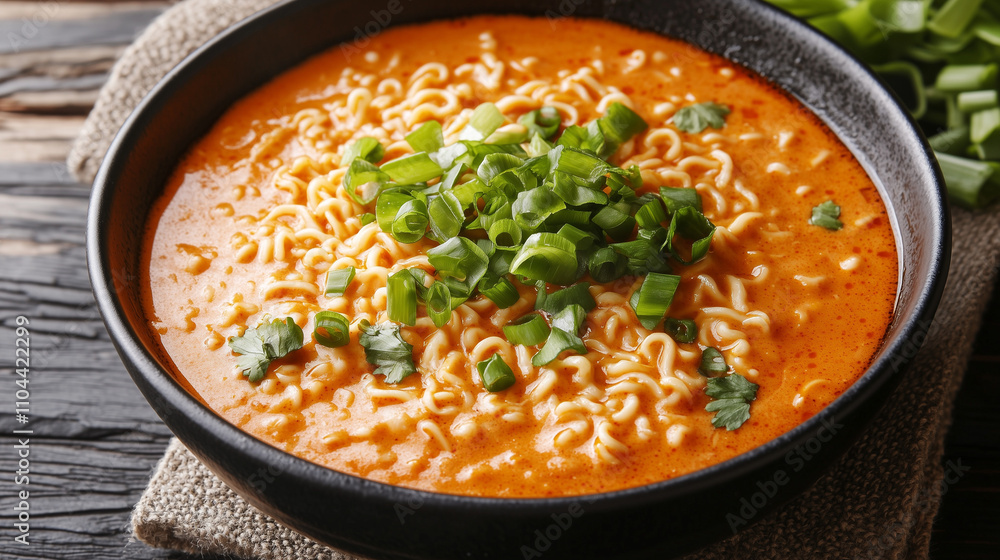 Spicy Creamy Noodles with Coconut Milk and Peanut Butter, Topview Spicy Creamy Noodles with Coconut Milk and Peanut Butter, Topview