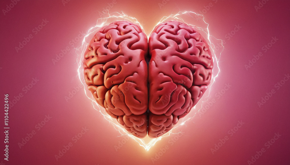 heart shaped brain design with electric sparks on a vibrant pink background heart shaped brain design with electric sparks on a vibrant pink background