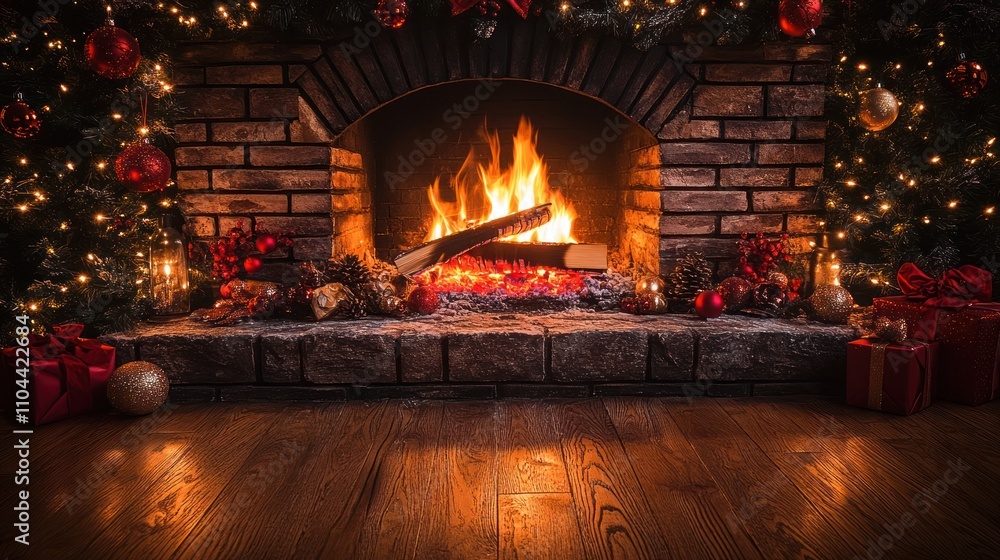 Cozy Christmas fireplace with burning fire, decorated with ornaments and gifts. Cozy Christmas fireplace with burning fire, decorated with ornaments and gifts.