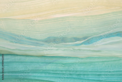 Acrylic, Ink watercolor hand drawn flow smear brushstroke blot landscape painting. Wave beige, blue wall texture background.