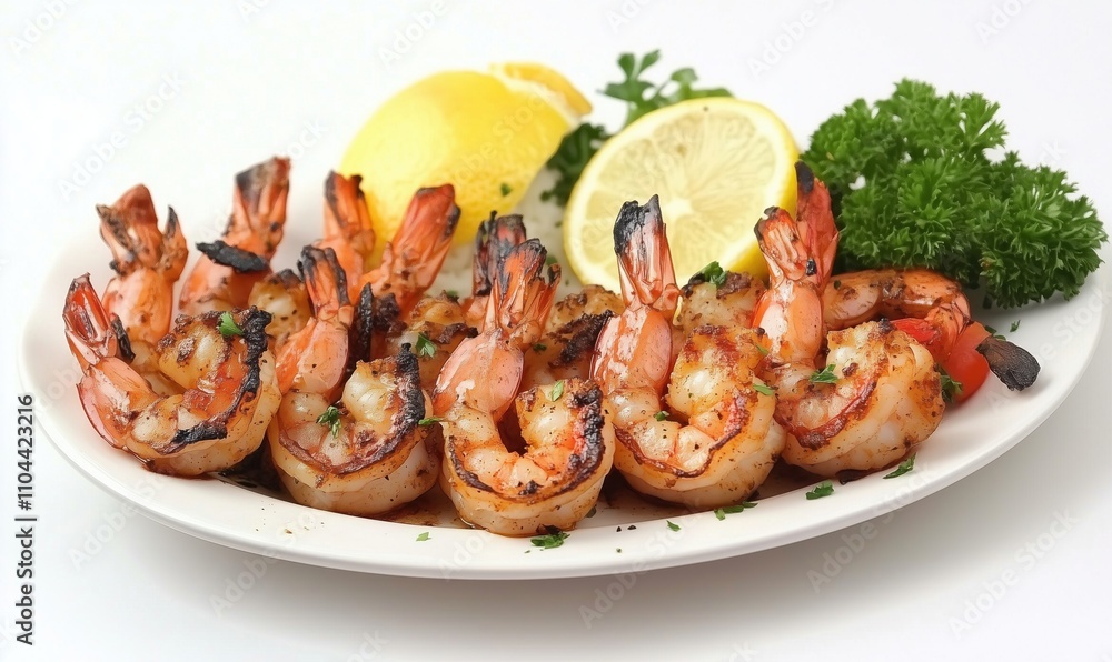 Grilled shrimp platter with lemon and herbs, succulent shrimp garnished with parsley and lemon slices, vibrant presentation Grilled shrimp platter with lemon and herbs, succulent shrimp garnished with parsley and lemon slices, vibrant presentation
