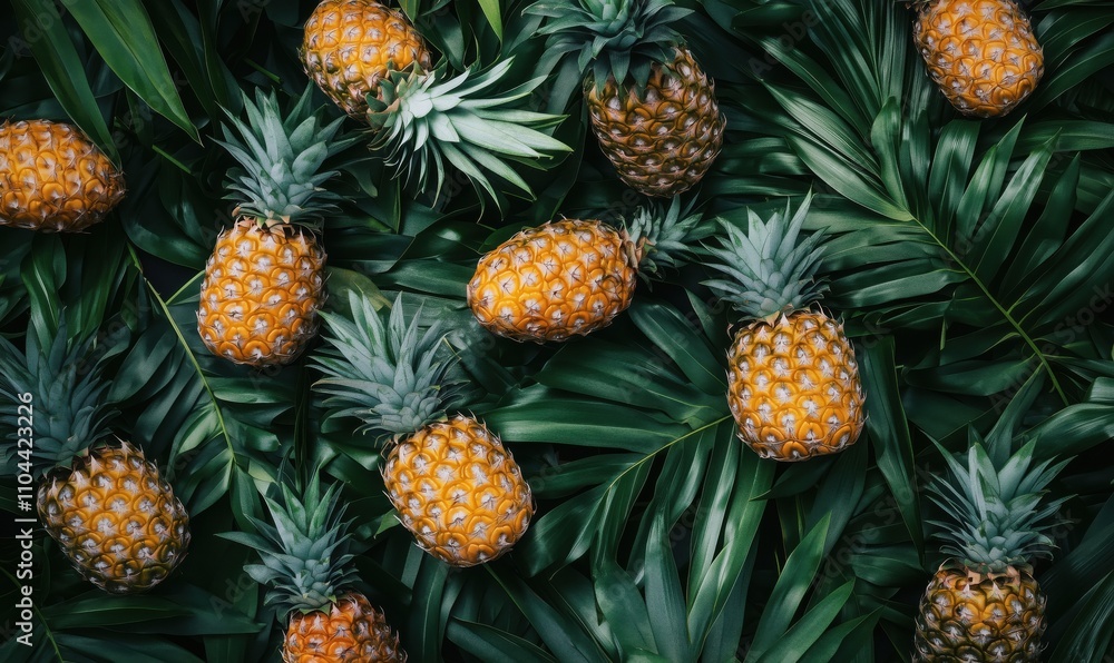 Pineapples on tropical leaves, vibrant arrangement, fresh fruit, green foliage, natural setting, summer vibes Pineapples on tropical leaves, vibrant arrangement, fresh fruit, green foliage, natural setting, summer vibes