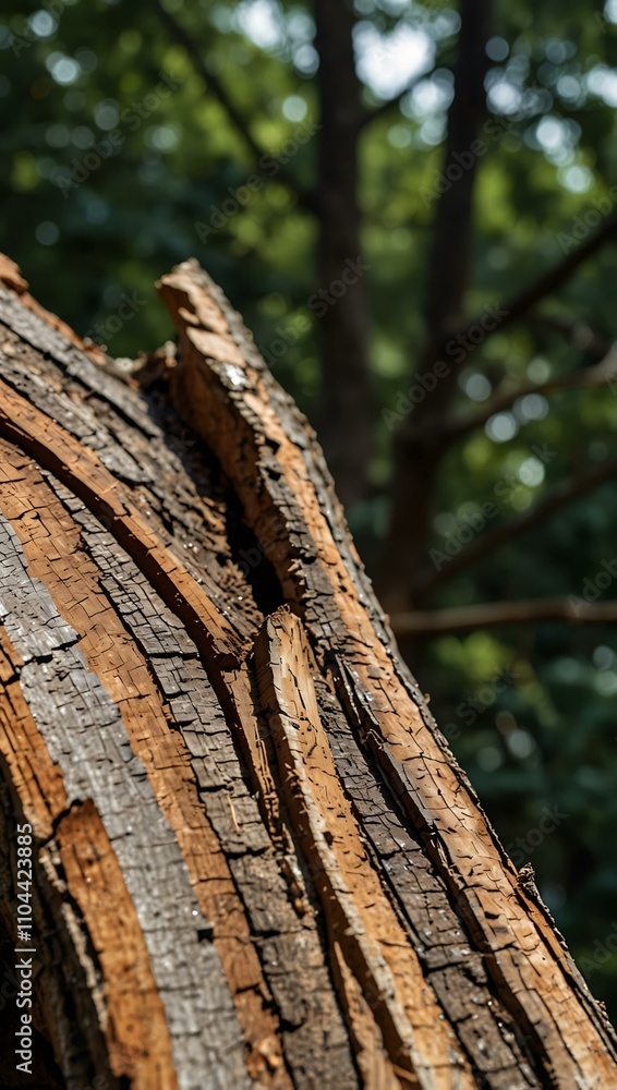 Fototapeta premium Close-up of broken tree trunk on a damaged roof.