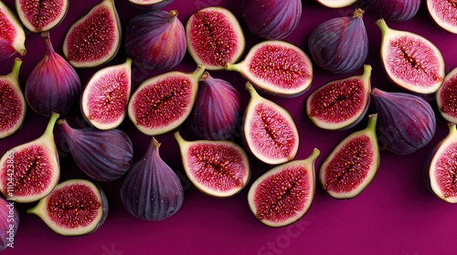   A pair of halved figs on a purple surface, one perfectly cut and the other slightly misshaped photo