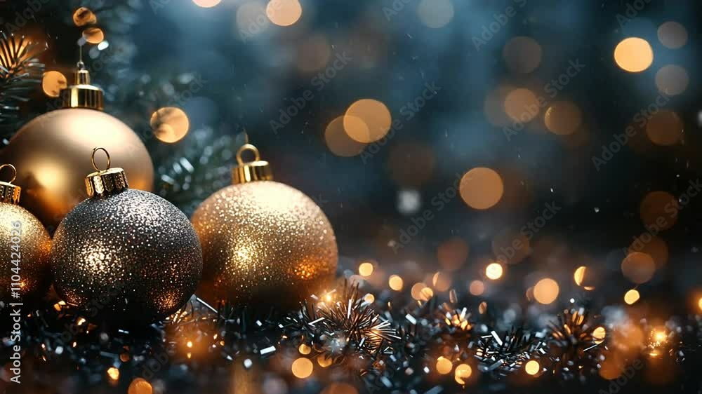 Christmas ornaments with sparkling lights and falling snow Christmas ornaments with sparkling lights and falling snow