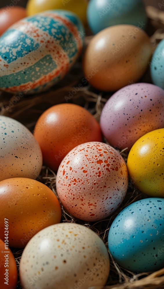 Close-up of colorful eggs in a basket. Close-up of colorful eggs in a basket.