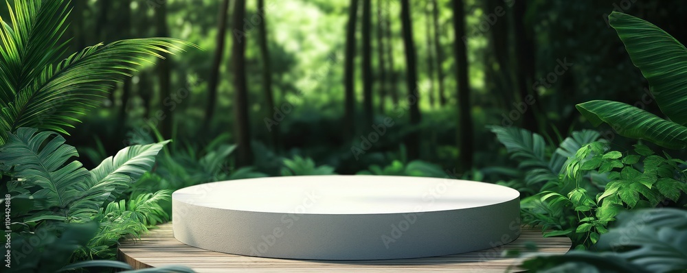 White round podium in green jungle setting. Tropical plants, plants surround wooden platform. Product presentation display mockup. Ideal for beauty cosmetic products. Natural, eco-friendly ambiance. White round podium in green jungle setting. Tropical plants, plants surround wooden platform. Product presentation display mockup. Ideal for beauty cosmetic products. Natural, eco-friendly ambiance.