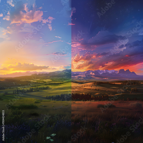 A Serene Landscape's Daily Journey: From Dawn to Dusk Captured Step by Step in a Single Image photo