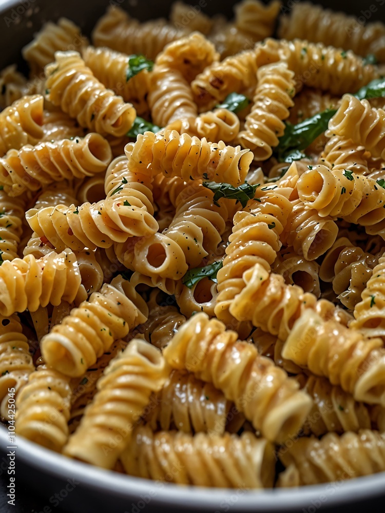 Close-up of cooked rotini pasta in a pan. Close-up of cooked rotini pasta in a pan.
