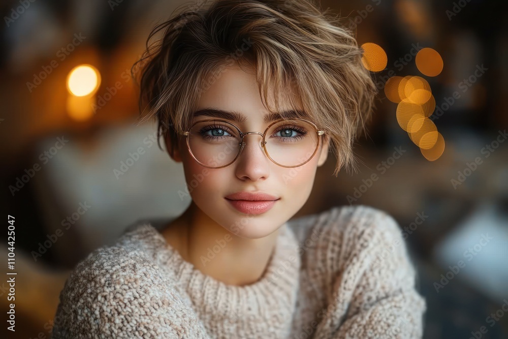 A young woman with short hair and glasses is smiling softly in a cozy room filled with warm lights A young woman with short hair and glasses is smiling softly in a cozy room filled with warm lights