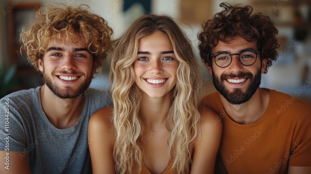 Fototapeta premium Group of three friends smiling brightly while seated together in a warm, inviting space filled with light