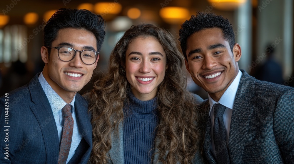 Three friends are joyfully posing during a social event at a stylish venue full of warm lighting Three friends are joyfully posing during a social event at a stylish venue full of warm lighting