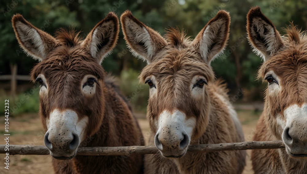 Close-up of curious donkeys in a group. Close-up of curious donkeys in a group.