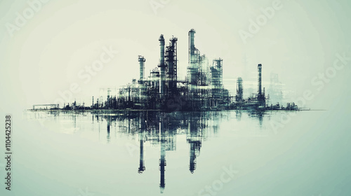 Future factory plant and energy industry concept in creative graphic design. Oil, gas and petrochemical refinery factory with double exposure arts showing next generation of power and energy business