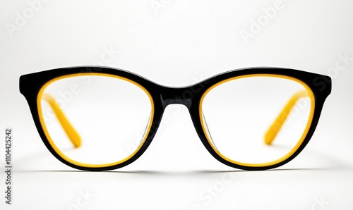 Stylish black and yellow eyeglasses, modern design, bold frame, clear lenses, fashion accessory, front view photo