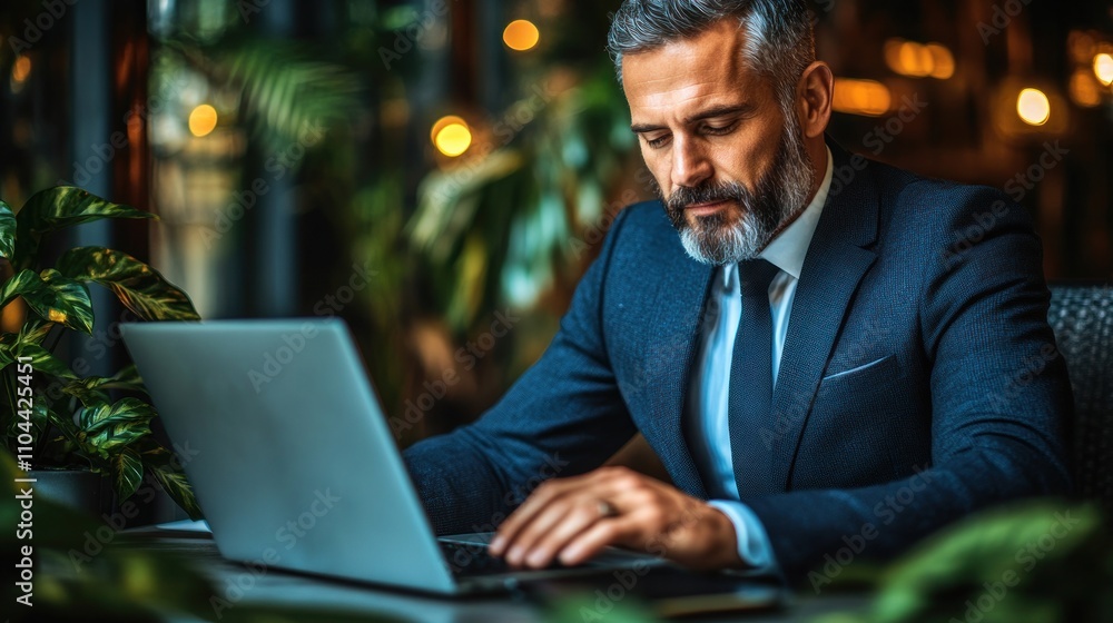 Man in a suit is concentrating on his laptop in a modern cafe filled with plants and cozy lighting Man in a suit is concentrating on his laptop in a modern cafe filled with plants and cozy lighting