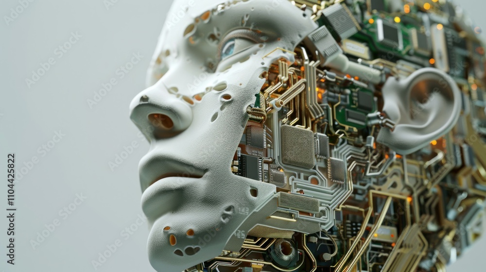 photograph of Electronic human head with integrated circuits, concept of artificial intelligence technology, biotechnology innovation, robot progress and machine learning wide angle lens photograph of Electronic human head with integrated circuits, concept of artificial intelligence technology, biotechnology innovation, robot progress and machine learning wide angle lens