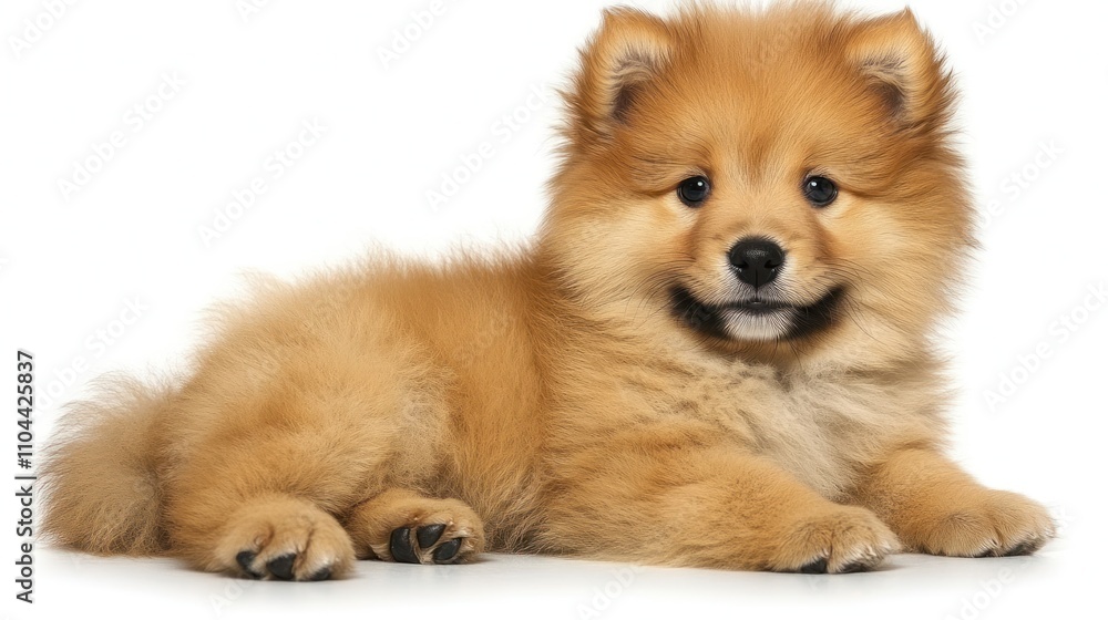 A fluffy puppy relaxes with a charming look, showing off its soft golden fur and playful spirit A fluffy puppy relaxes with a charming look, showing off its soft golden fur and playful spirit