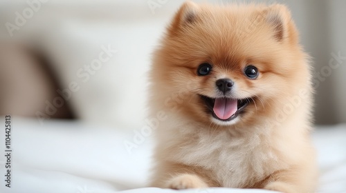 A small pomeranian puppy with fluffy fur sits happily on a soft blanket, enjoying a calm moment